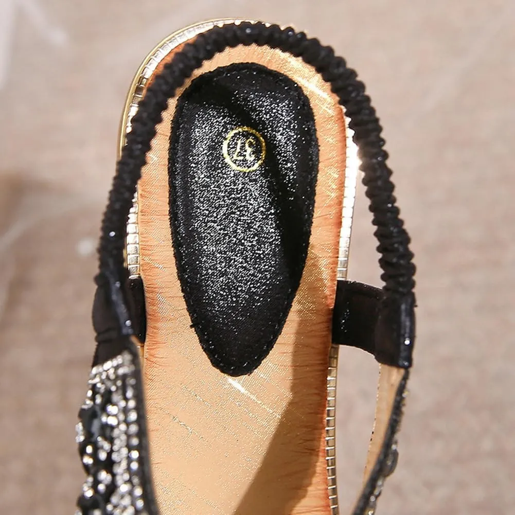 Caistre Flat Sandals for Women Casual Summer Open Toe Comfortable Dressy Sandals Women's Rhinestone Bohemia Strappy Shoes