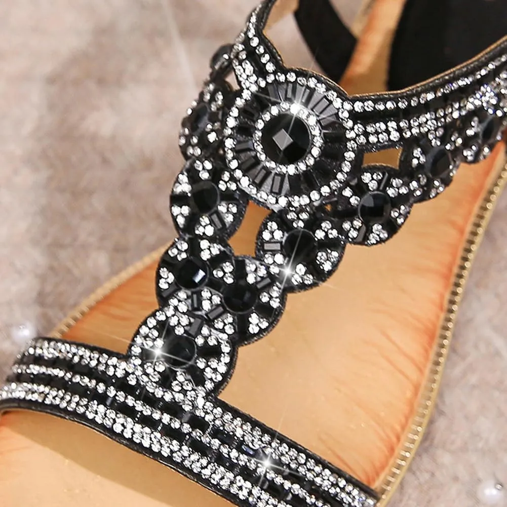 Caistre Flat Sandals for Women Casual Summer Open Toe Comfortable Dressy Sandals Women's Rhinestone Bohemia Strappy Shoes