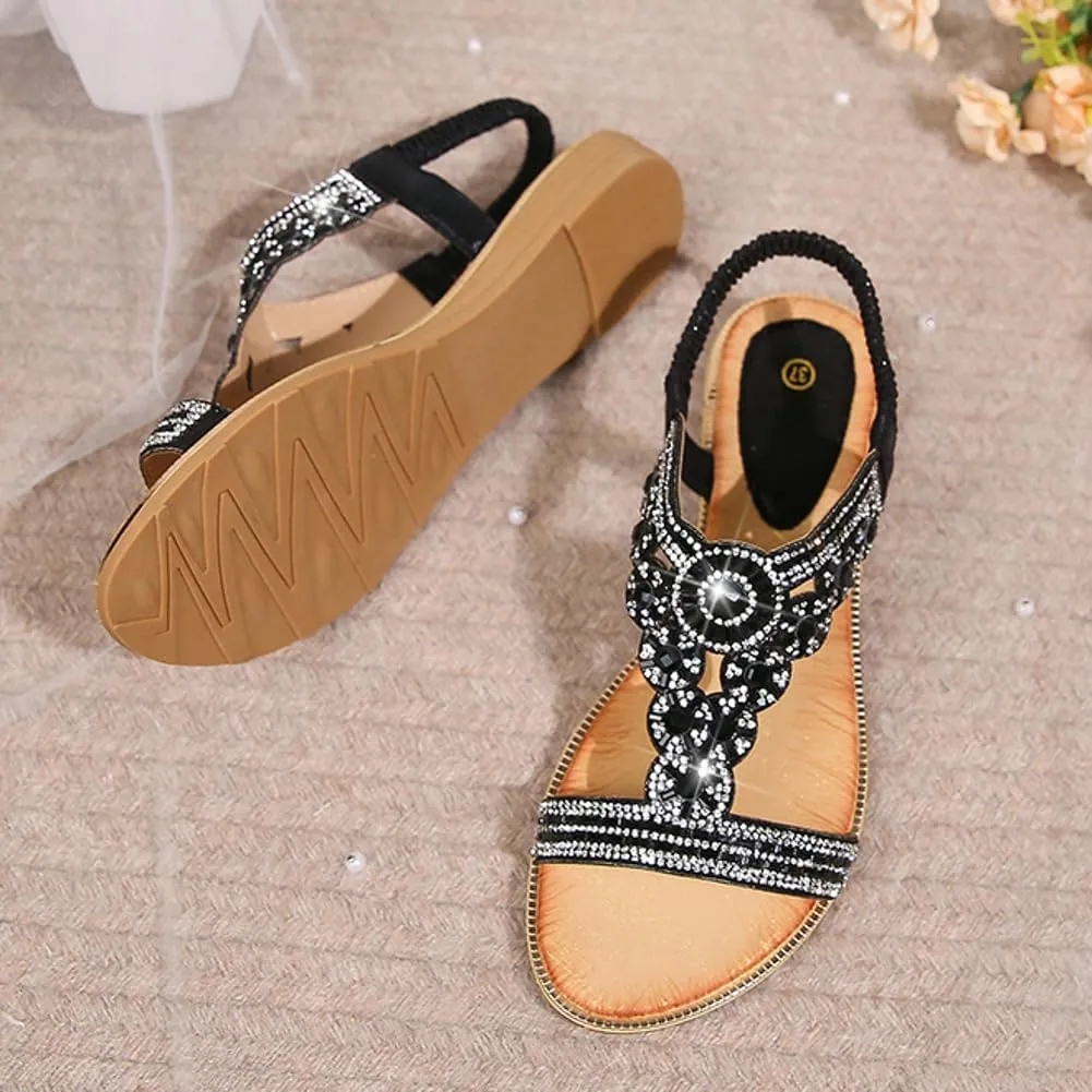 Caistre Flat Sandals for Women Casual Summer Open Toe Comfortable Dressy Sandals Women's Rhinestone Bohemia Strappy Shoes