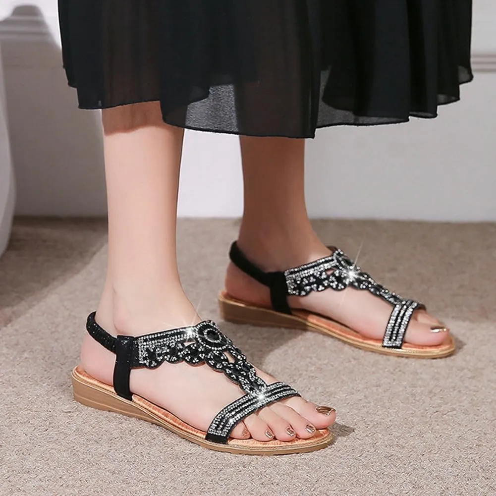 Caistre Flat Sandals for Women Casual Summer Open Toe Comfortable Dressy Sandals Women's Rhinestone Bohemia Strappy Shoes