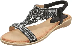 Caistre Flat Sandals for Women Casual Summer Open Toe Comfortable Dressy Sandals Women's Rhinestone Bohemia Strappy Shoes