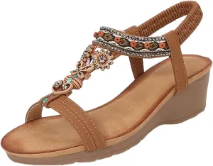 Caistre Wedge Sandals for Women Bohemian Rhinestone Platform Dressy Sandals Summer Open Toe Beach Shoes with Elastic Strap 2025