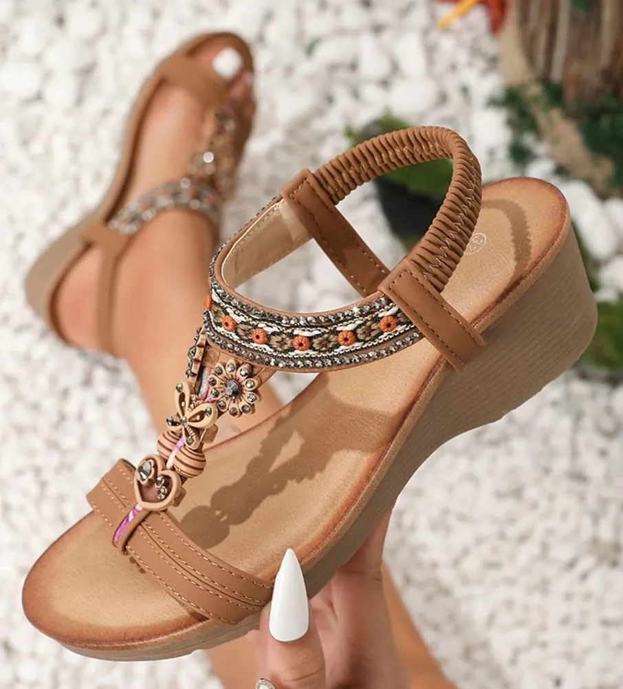 Caistre Wedge Sandals for Women Bohemian Rhinestone Platform Dressy Sandals Summer Open Toe Beach Shoes with Elastic Strap 2025