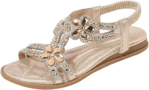 Caistre Womens Bohemian Flat Sandal Summer Open Toe Dressy Elastic Strap Flat Sandals Indoor Outdoor Walking Beach Shoes
