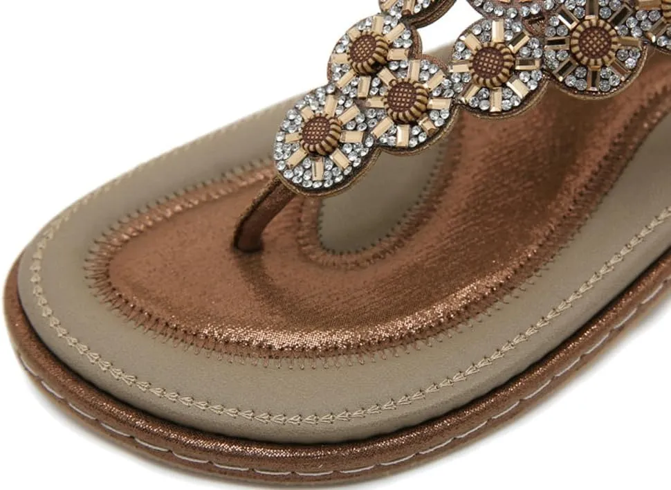 Caistre Womens Flat Sandals Summer Bohemia Beach Open Toe Rhinestones Shoes Fashion Thong Dressy Sandals for Walking Travel