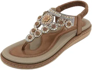 Caistre Womens Flat Sandals Summer Bohemia Beach Open Toe Rhinestones Shoes Fashion Thong Dressy Sandals for Walking Travel
