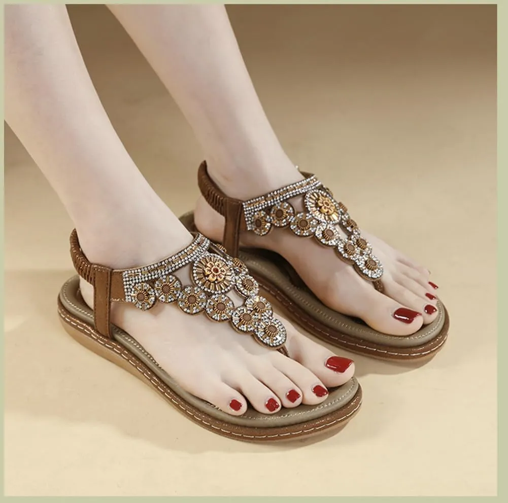 Caistre Womens Flat Sandals Summer Bohemia Beach Open Toe Rhinestones Shoes Fashion Thong Dressy Sandals for Walking Travel