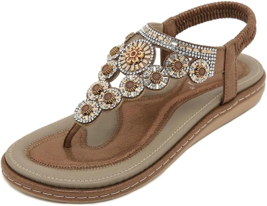 Caistre Womens Flat Sandals Summer Bohemia Beach Open Toe Rhinestones Shoes Fashion Thong Dressy Sandals for Walking Travel
