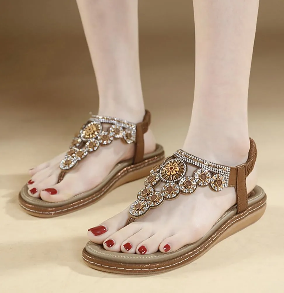 Caistre Womens Flat Sandals Summer Bohemia Beach Open Toe Rhinestones Shoes Fashion Thong Dressy Sandals for Walking Travel