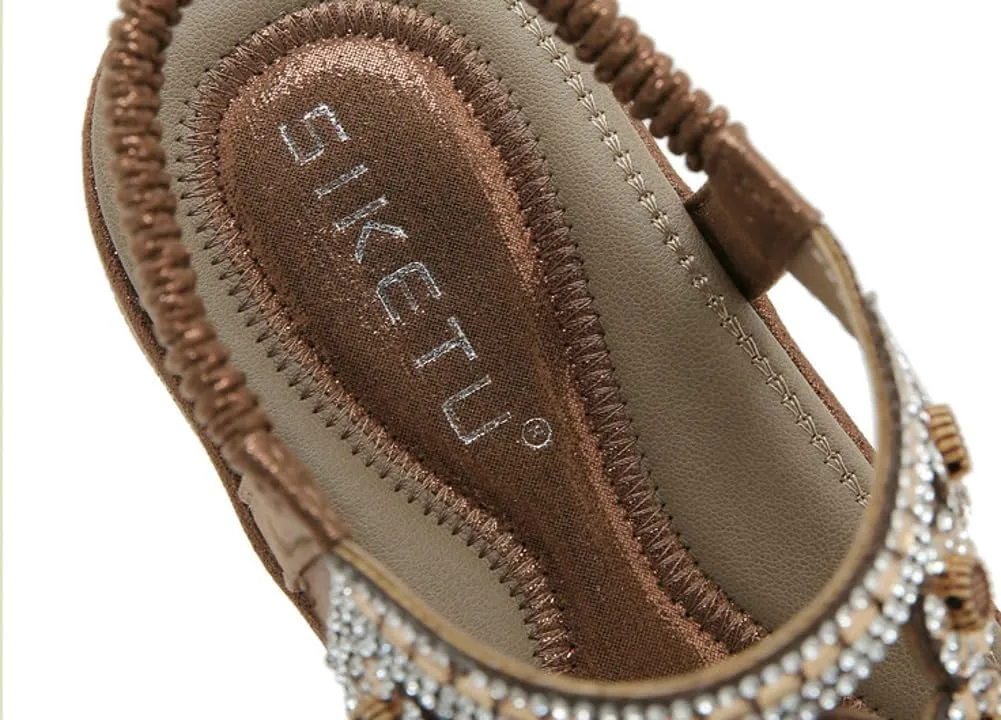 Caistre Womens Flat Sandals Summer Bohemia Beach Open Toe Rhinestones Shoes Fashion Thong Dressy Sandals for Walking Travel