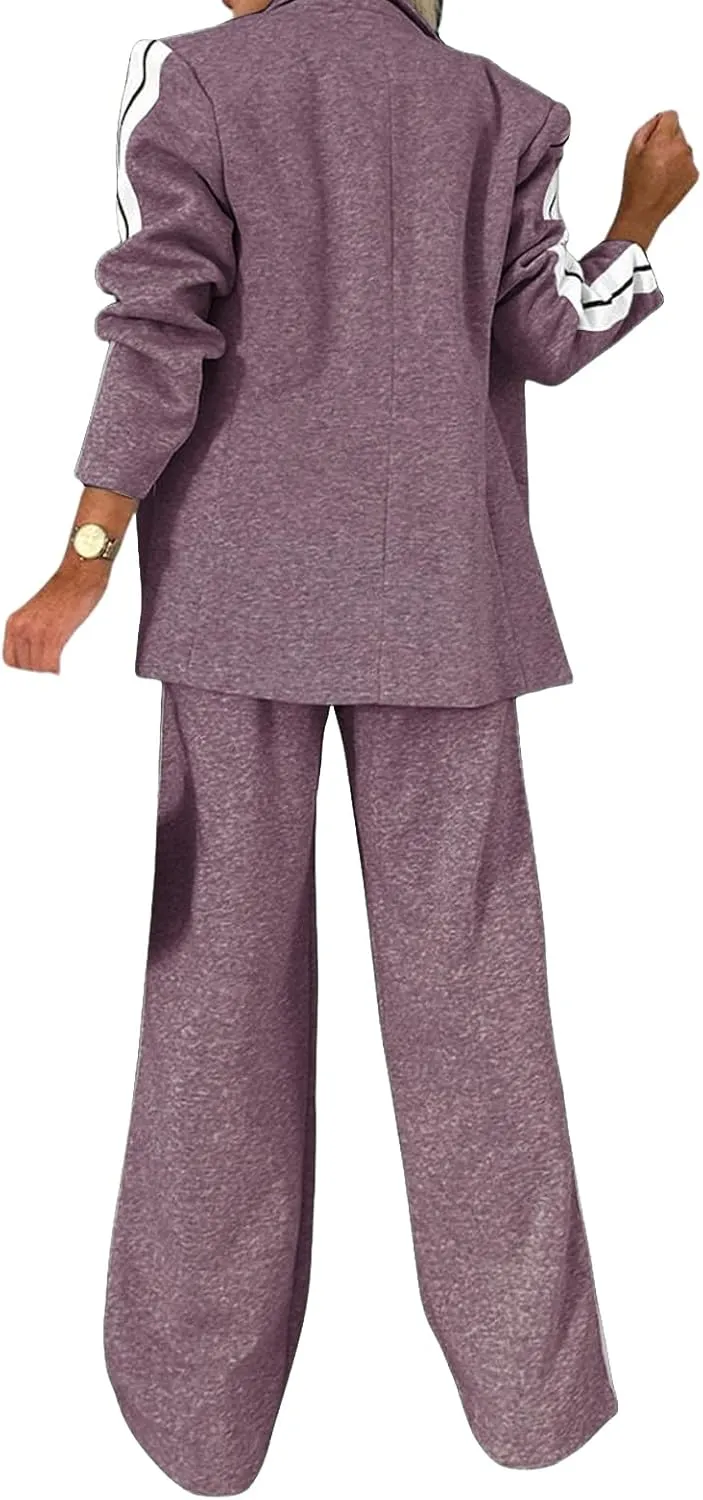 Canbebig Womens 2 Piece Outfits Double Breasted Blazer and Wide Leg Work Pants Casual Blazer Sets Dressy Suits with Pockets