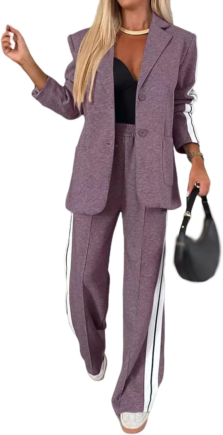 Canbebig Womens 2 Piece Outfits Double Breasted Blazer and Wide Leg Work Pants Casual Blazer Sets Dressy Suits with Pockets