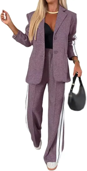 Canbebig Womens 2 Piece Outfits Double Breasted Blazer and Wide Leg Work Pants Casual Blazer Sets Dressy Suits with Pockets