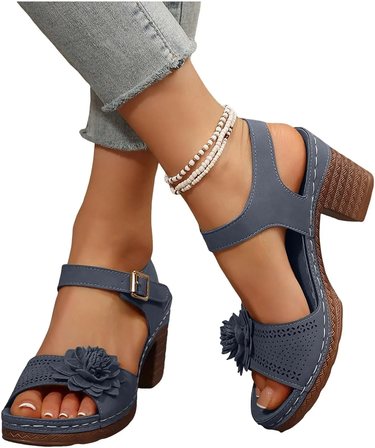 Chunky Sandals for Women 2025 3D Flowers Open Toe Shoes Hollow Out Vamp Platform Sandals Arch Support Ankle Strap Slingback Office Party Comfortable Shoes