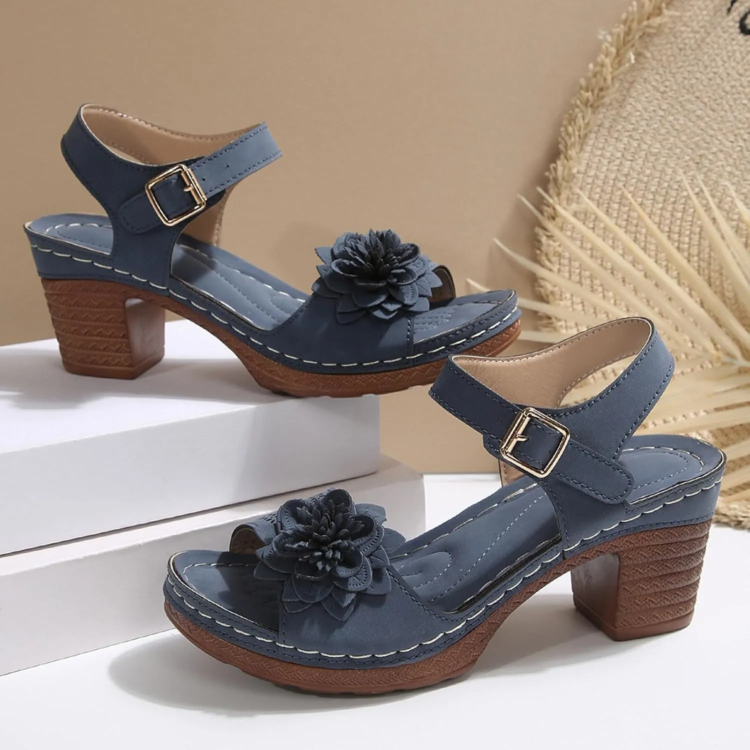 Chunky Sandals for Women 2025 3D Flowers Open Toe Shoes Hollow Out Vamp Platform Sandals Arch Support Ankle Strap Slingback Office Party Comfortable Shoes