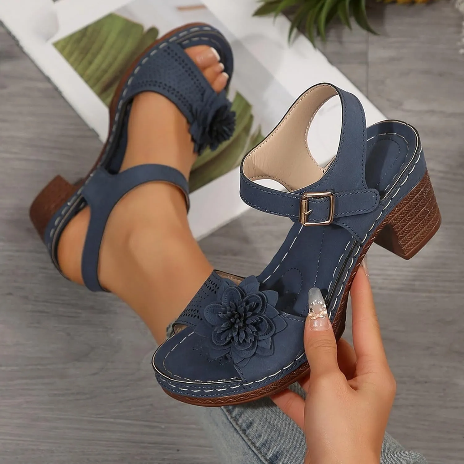 Chunky Sandals for Women 2025 3D Flowers Open Toe Shoes Hollow Out Vamp Platform Sandals Arch Support Ankle Strap Slingback Office Party Comfortable Shoes