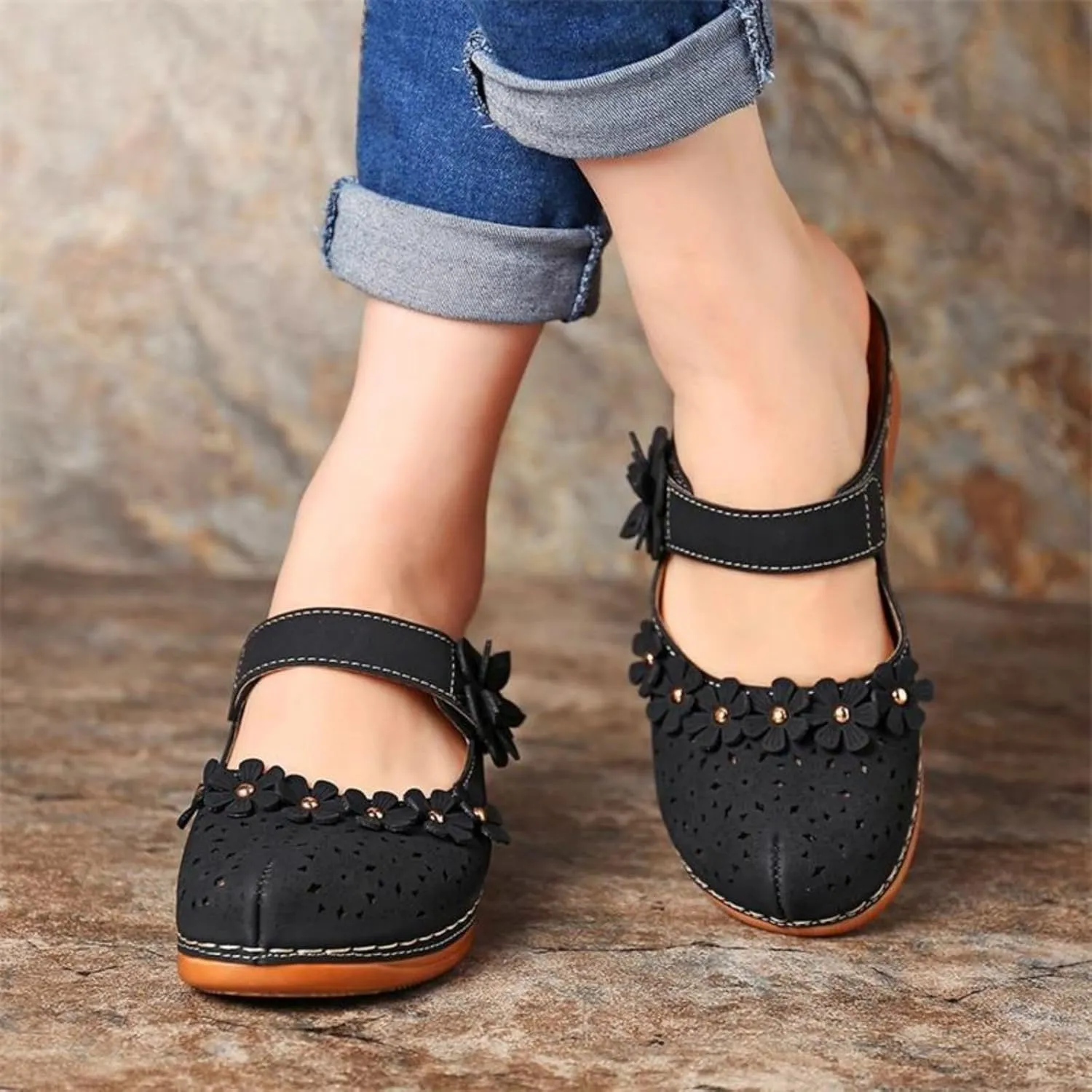 Clogs for Women Mule Sandals Comfortable Summer Flowers Platform Orthopedic Sandals, Round Toe Closed Toe Walking Slippers Hollow Out Breathable Ankle Strap Walking Shoes
