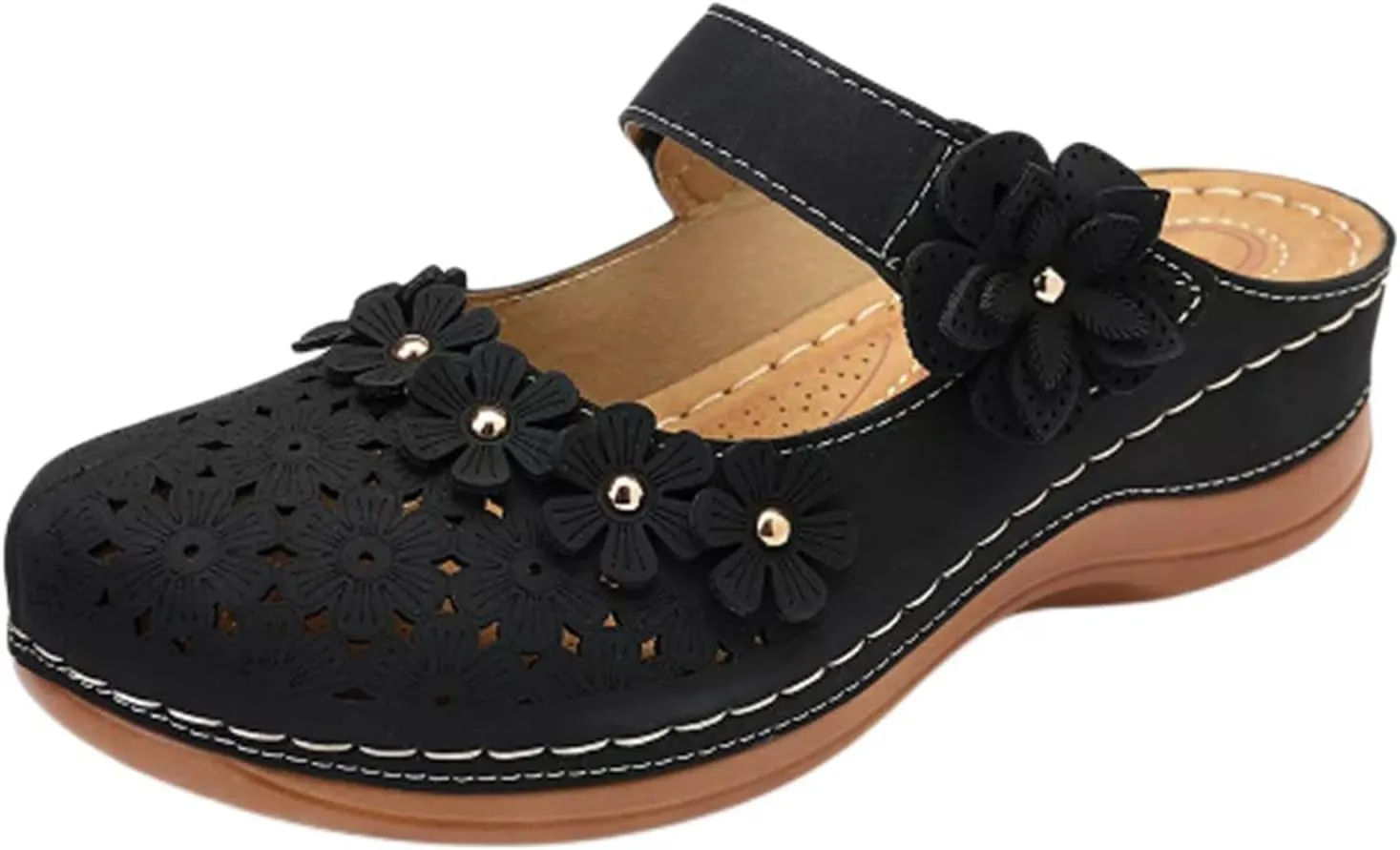 Clogs for Women Mule Sandals Comfortable Summer Flowers Platform Orthopedic Sandals, Round Toe Closed Toe Walking Slippers Hollow Out Breathable Ankle Strap Walking Shoes