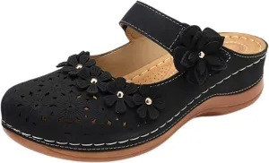 Clogs for Women Mule Sandals Comfortable Summer Flowers Platform Orthopedic Sandals, Round Toe Closed Toe Walking Slippers Hollow Out Breathable Ankle Strap Walking Shoes