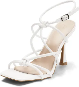 Coutgo Womens Strappy Heels Sandals Kitten Heeled Square Toe Ankle Strap Buckle Gladiator Stilettos Dress Party Shoes