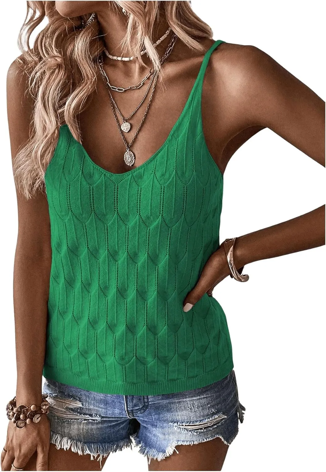 COZYEASE Women's Knit Cami Tops Spaghetti Strap Pointelle Sweater Vest Bodycon Sleeveless Casual Summer Tank Tops