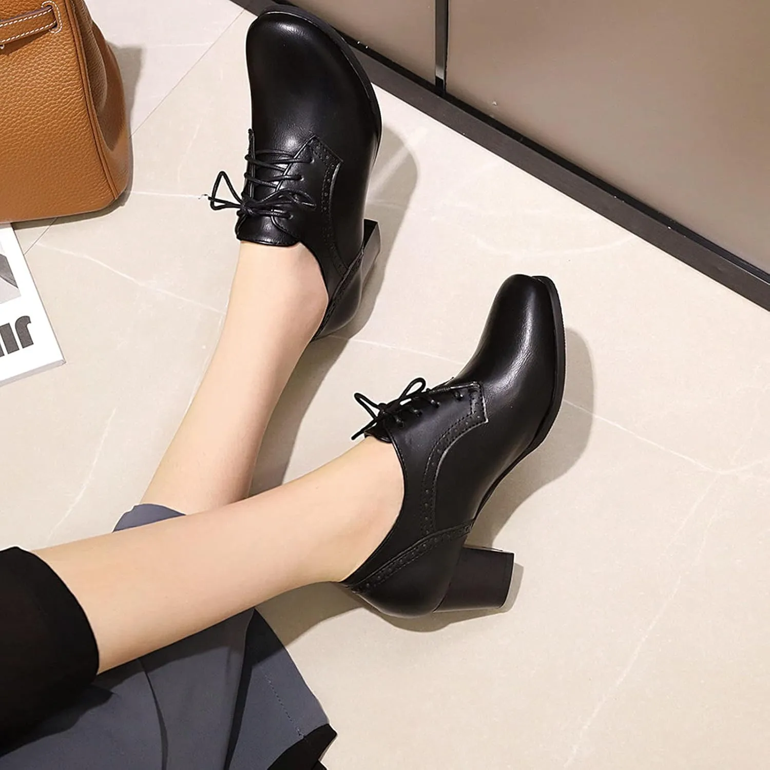 CYNLLIO Women's Block Chunky Heel Oxfords Shoes Vintage Lace-up Brogues Shoes Office Shoes Party Dress Shoes