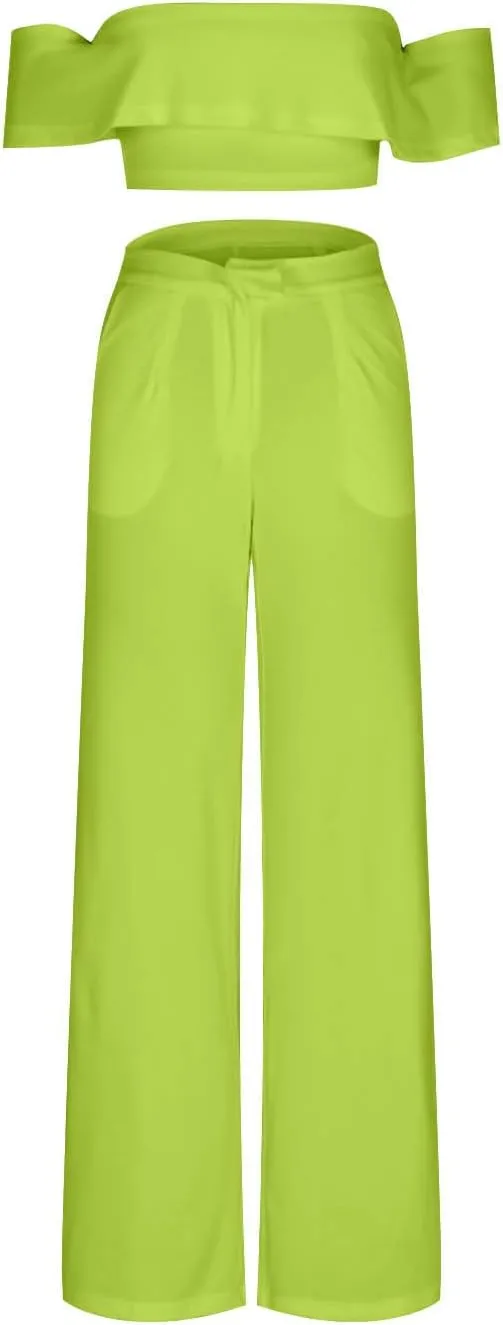 DDAPJ pyju Women's 2 Piece Outfits Y2K Sexy Ruffle Crop Tube Tops and High Waisted Pants Suit Elegant Party Clubwear