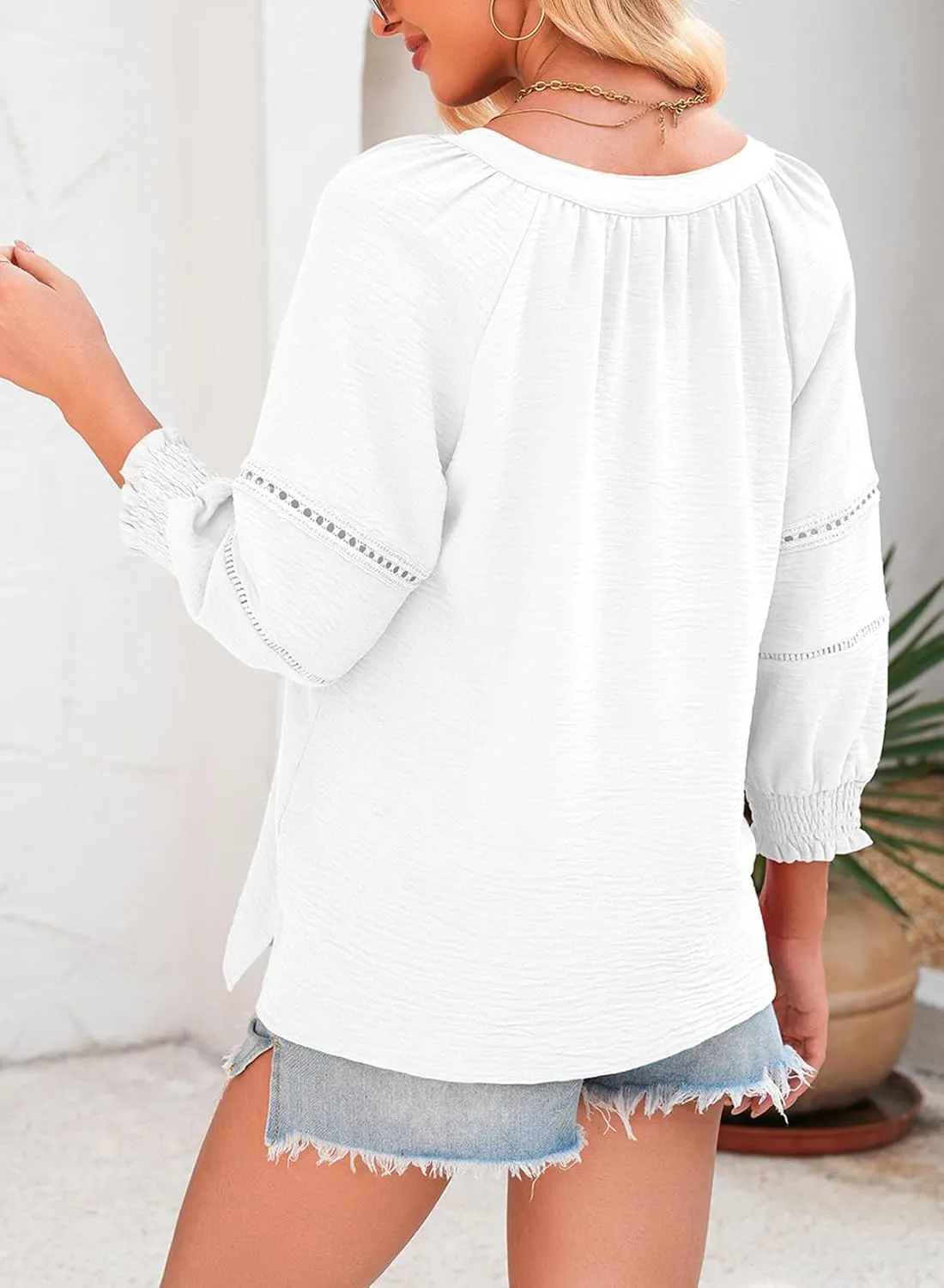 Dokotoo Womens Summer Tops 3/4 Lantern Sleeve Casual V-Neck T-Shirts Pleated Loose Tunic Hollow-Out Blouse