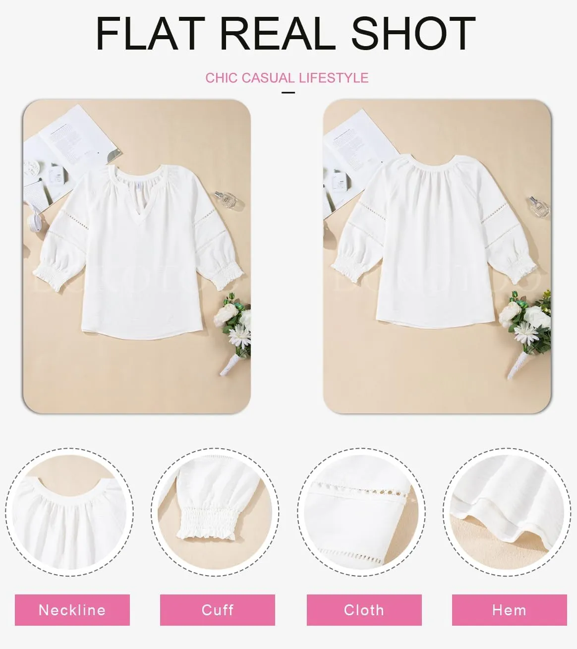 Dokotoo Womens Summer Tops 3/4 Lantern Sleeve Casual V-Neck T-Shirts Pleated Loose Tunic Hollow-Out Blouse