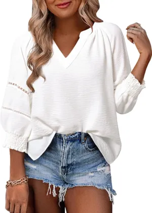 Dokotoo Womens Summer Tops 3/4 Lantern Sleeve Casual V-Neck T-Shirts Pleated Loose Tunic Hollow-Out Blouse