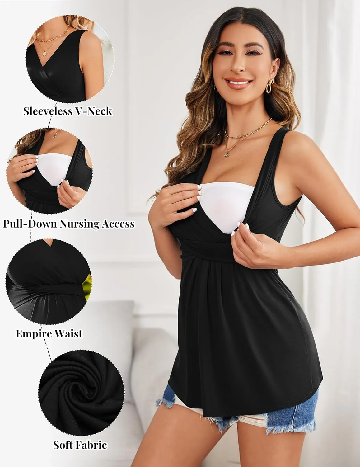 Ekouaer Women's Maternity Tank Tops 3 Packs Sleeveless Nursing Tops V Neck Breastfeeding Shirts Pregnancy Clothes