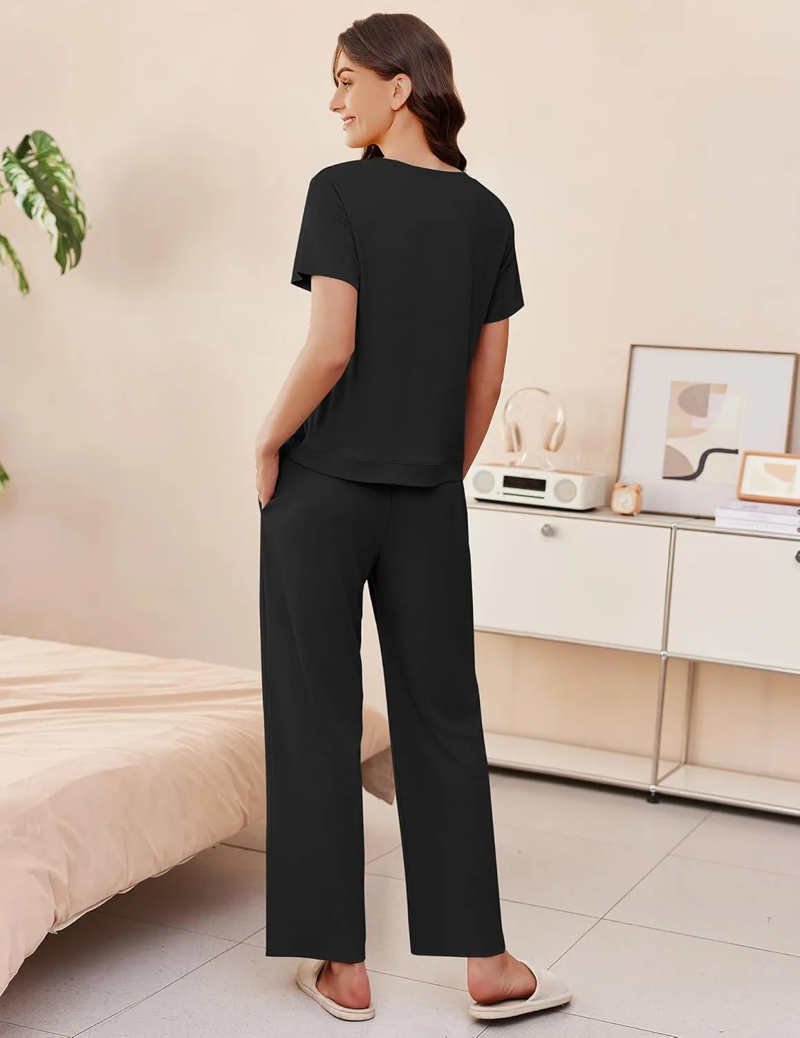 Ekouaer Womens Ribbed Knit Lounge Set Short Sleeve Top and Long Pants Soft Pajama Set 2 Piece Sleepwear with Pockets