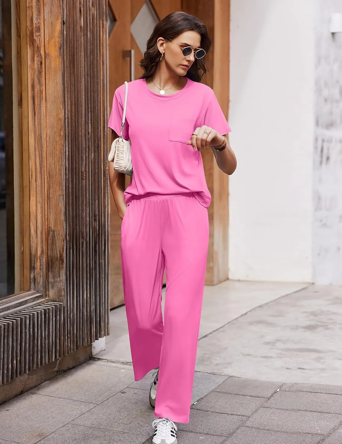 Ekouaer Womens Ribbed Knit Lounge Set Short Sleeve Top and Long Pants Soft Pajama Set 2 Piece Sleepwear with Pockets