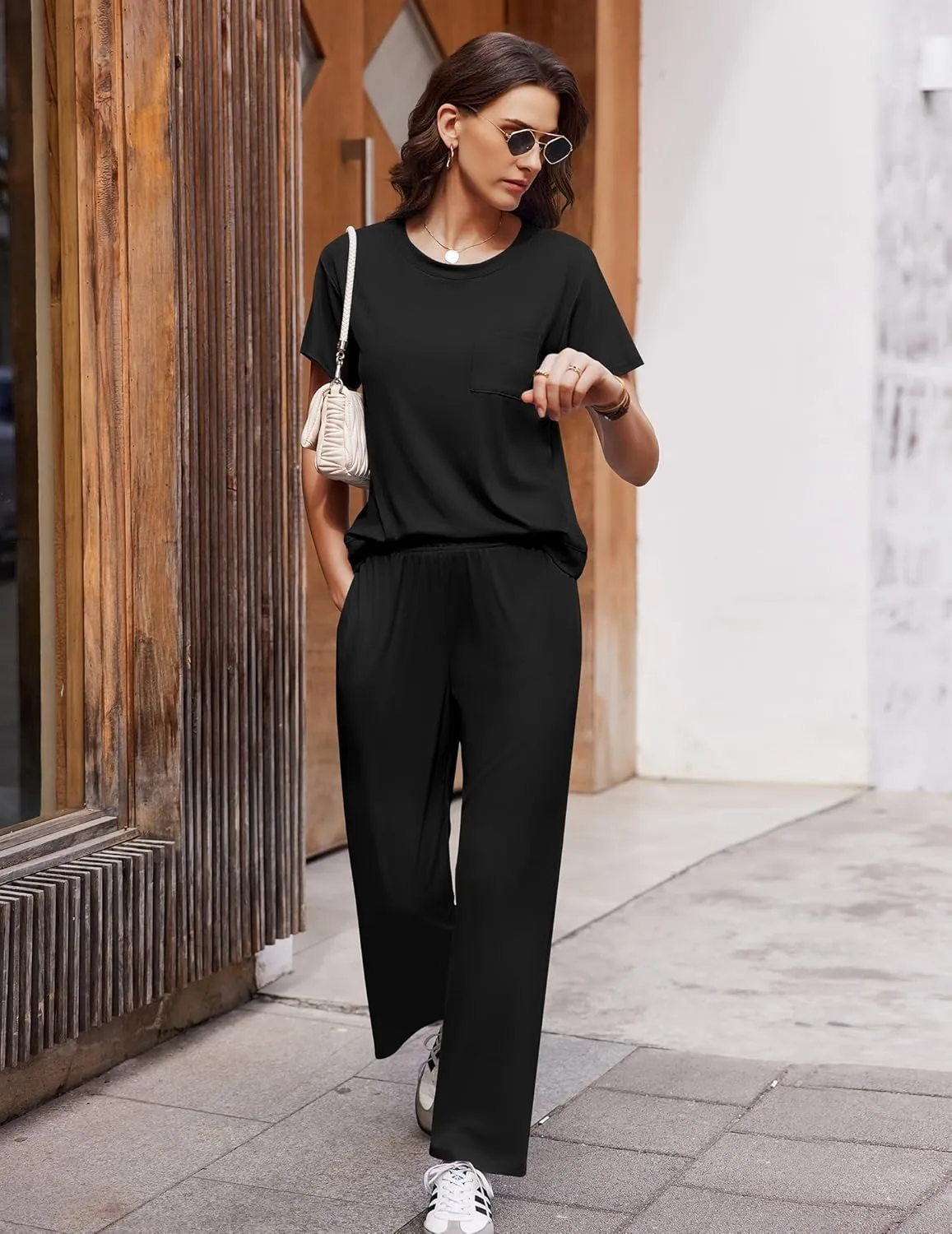 Ekouaer Womens Ribbed Knit Lounge Set Short Sleeve Top and Long Pants Soft Pajama Set 2 Piece Sleepwear with Pockets