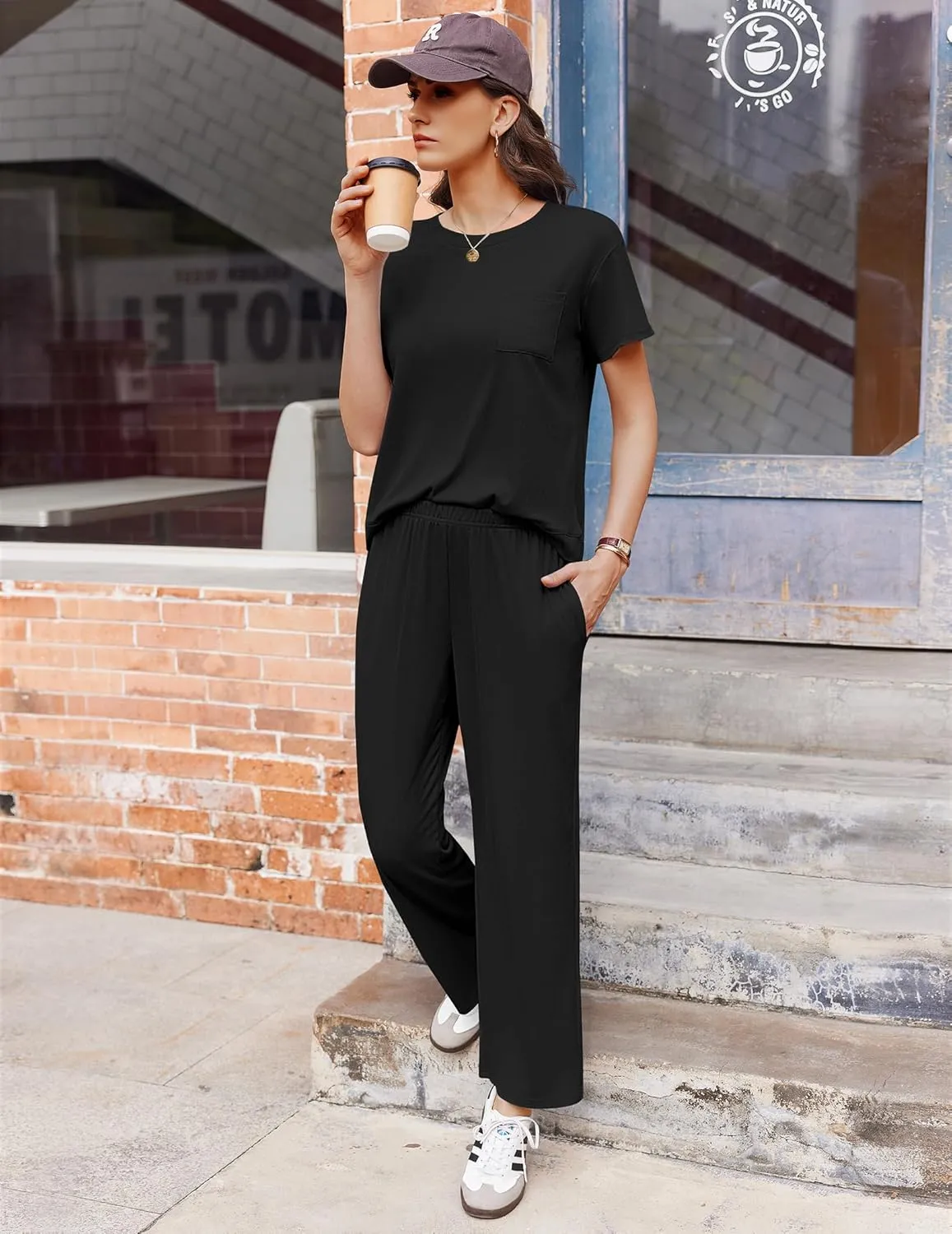 Ekouaer Womens Ribbed Knit Lounge Set Short Sleeve Top and Long Pants Soft Pajama Set 2 Piece Sleepwear with Pockets