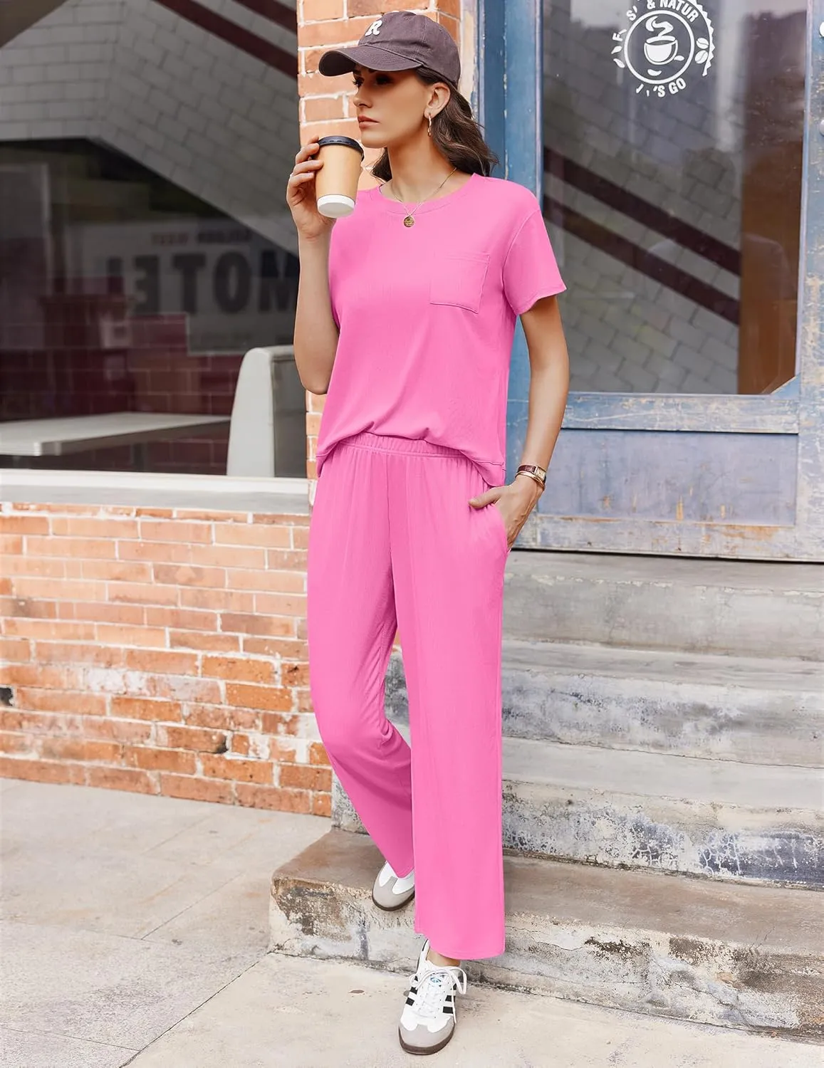 Ekouaer Womens Ribbed Knit Lounge Set Short Sleeve Top and Long Pants Soft Pajama Set 2 Piece Sleepwear with Pockets