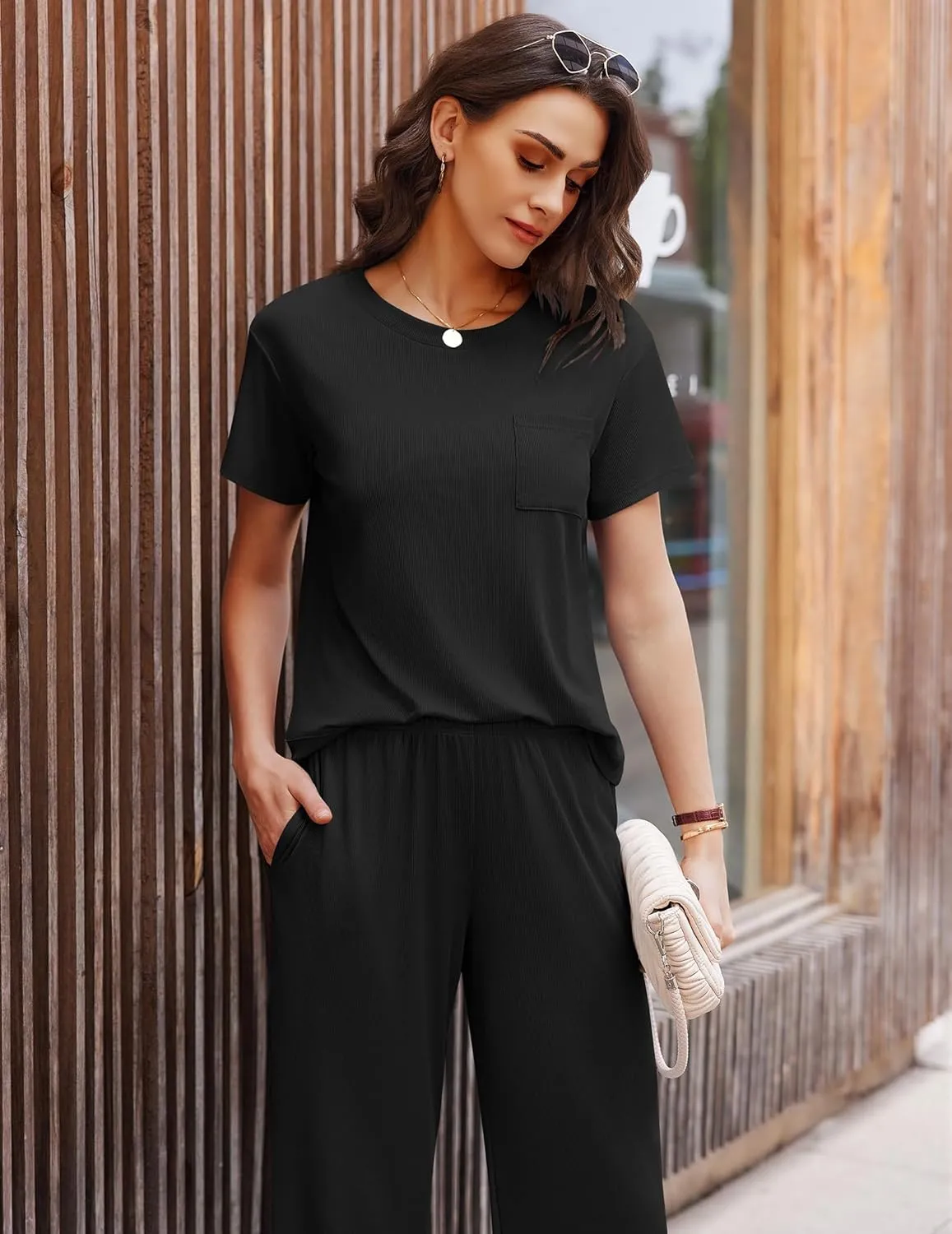 Ekouaer Womens Ribbed Knit Lounge Set Short Sleeve Top and Long Pants Soft Pajama Set 2 Piece Sleepwear with Pockets