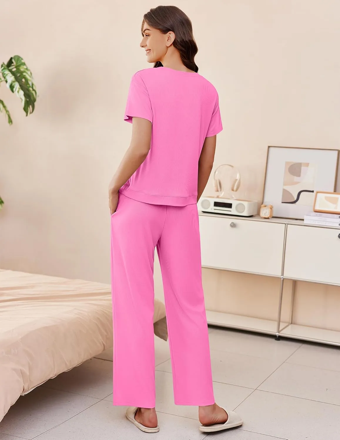 Ekouaer Womens Ribbed Knit Lounge Set Short Sleeve Top and Long Pants Soft Pajama Set 2 Piece Sleepwear with Pockets