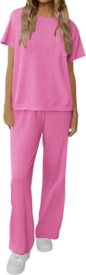 Ekouaer Womens Ribbed Knit Lounge Set Short Sleeve Top and Long Pants Soft Pajama Set 2 Piece Sleepwear with Pockets