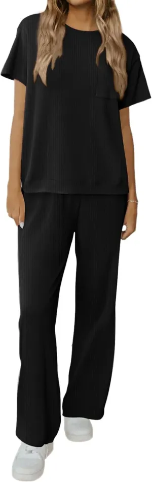 Ekouaer Womens Ribbed Knit Lounge Set Short Sleeve Top and Long Pants Soft Pajama Set 2 Piece Sleepwear with Pockets