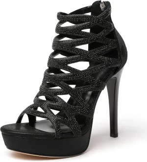 Eldof Women's Platform Sandals Open Toe Rhinestone Crisscross Strappy Platform Stiletto High Heel Diamond Blingbling Summer Sandals Wedding Dress Shoes