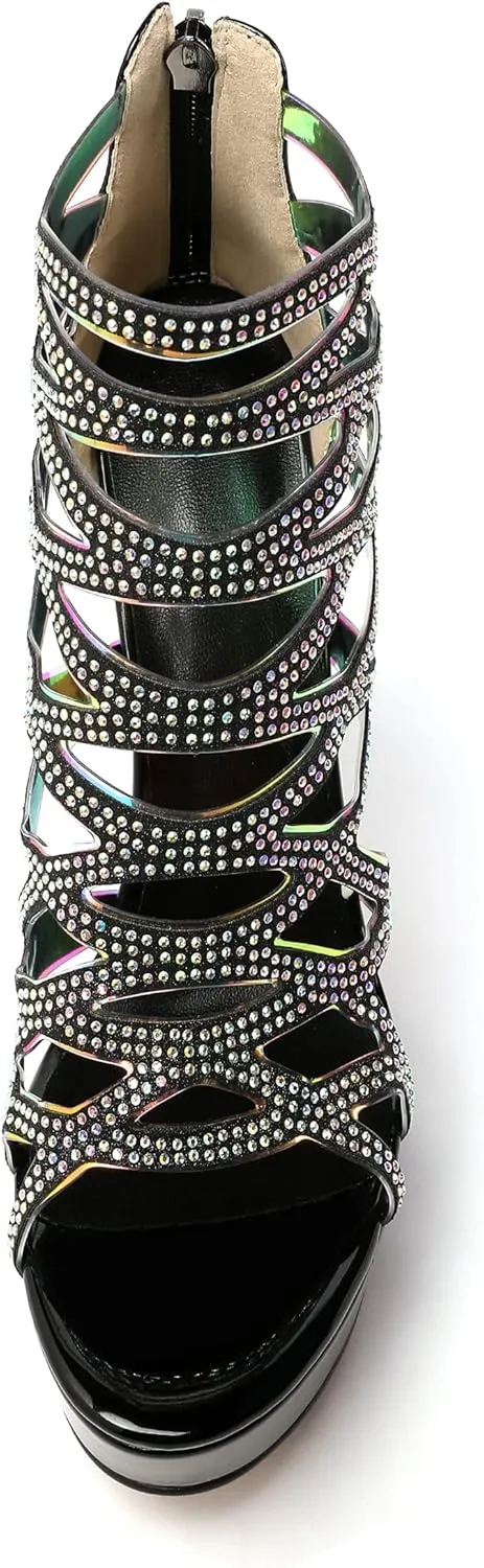 Eldof Women's Platform Sandals Open Toe Rhinestone Crisscross Strappy Platform Stiletto High Heel Diamond Blingbling Summer Sandals Wedding Dress Shoes