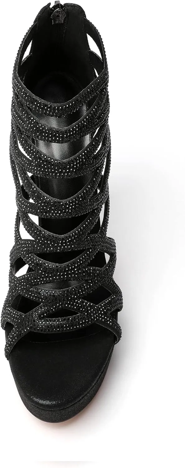 Eldof Women's Platform Sandals Open Toe Rhinestone Crisscross Strappy Platform Stiletto High Heel Diamond Blingbling Summer Sandals Wedding Dress Shoes