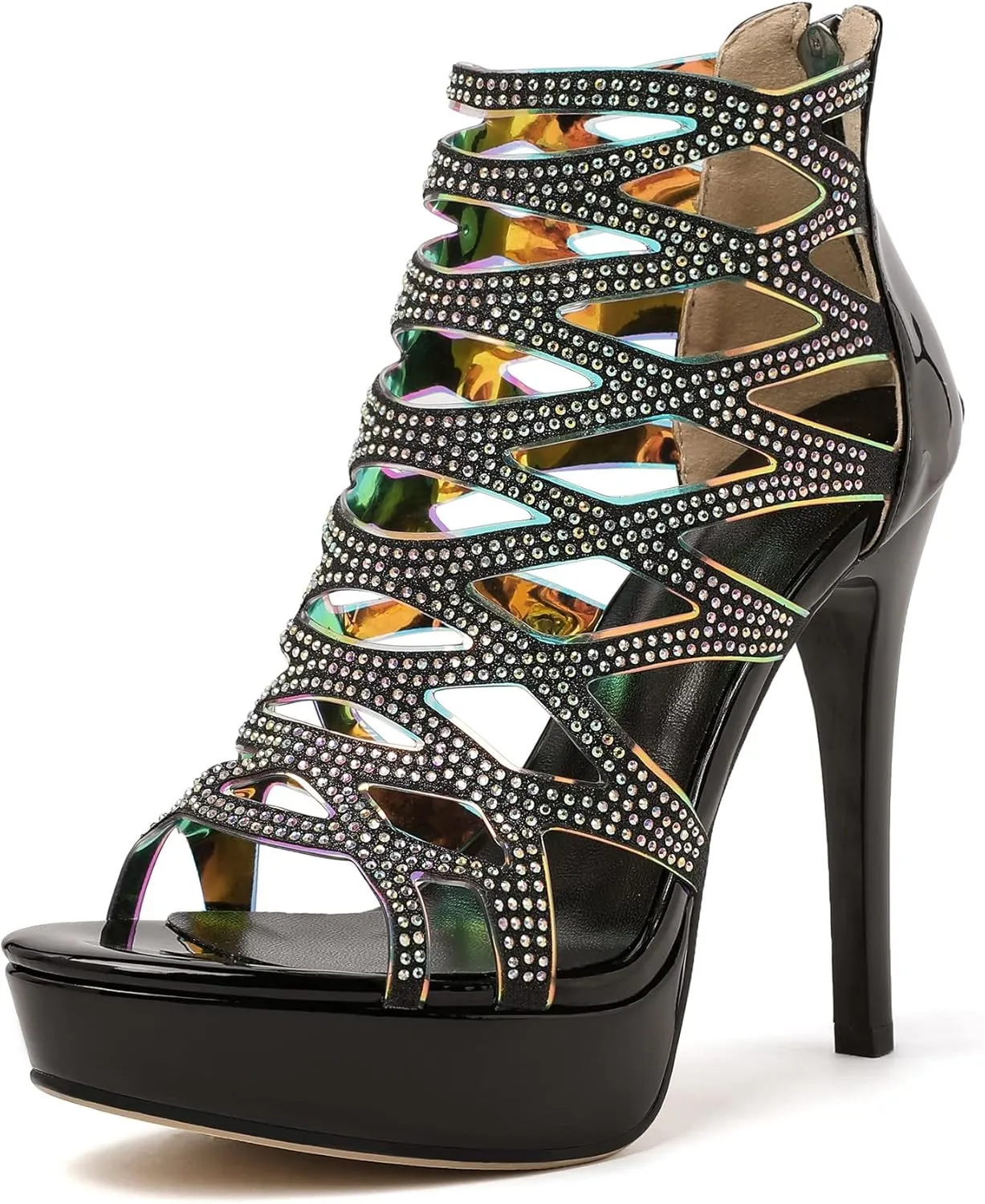 Eldof Women's Platform Sandals Open Toe Rhinestone Crisscross Strappy Platform Stiletto High Heel Diamond Blingbling Summer Sandals Wedding Dress Shoes