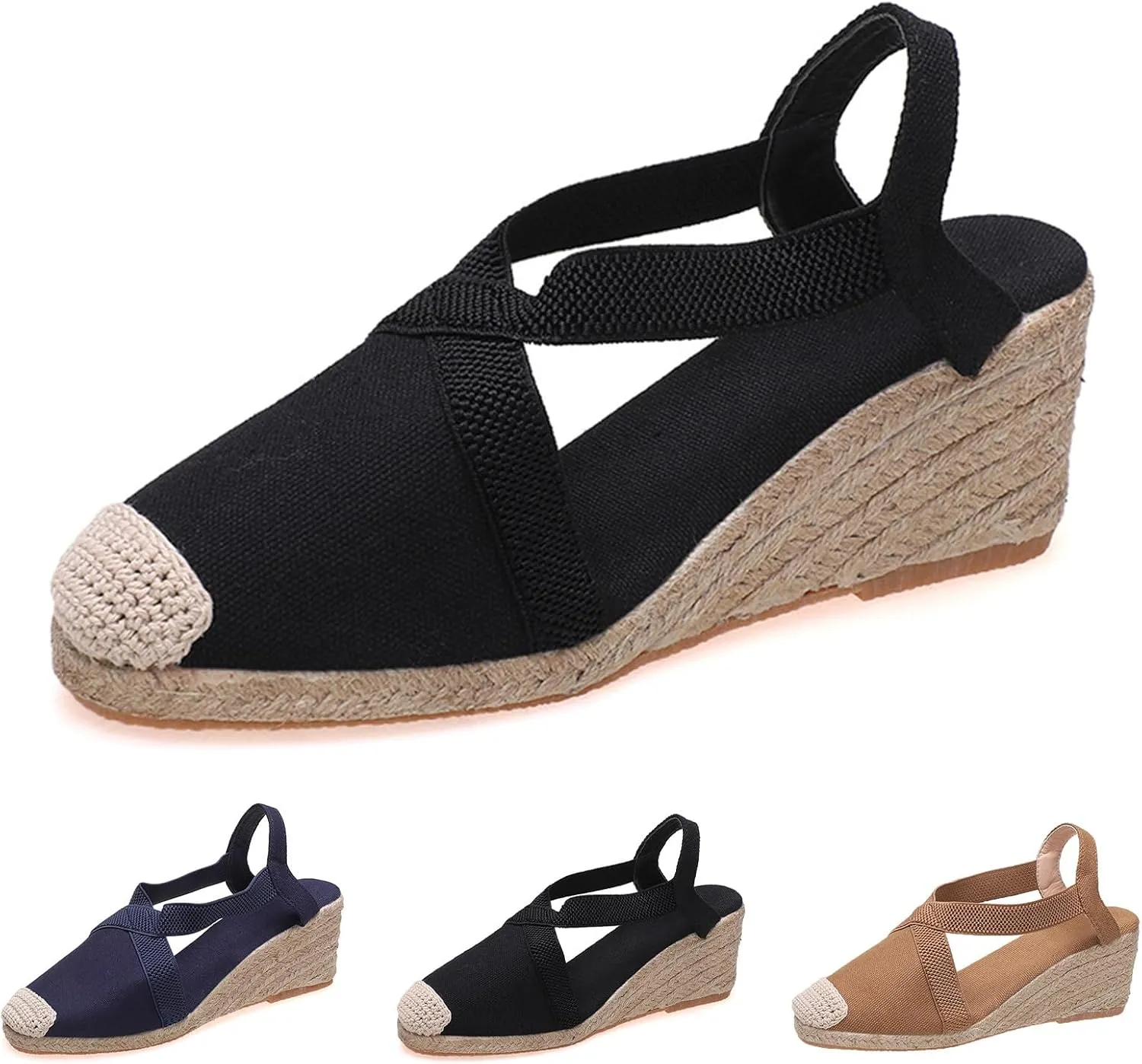 Espadrilles Wedges for Women Summer Platform Wedge Sandals, Fashion Closed Toe Cross Ankle Strap Sandals Casual Platform Slip On Slingback Beach Work Walking Shoes