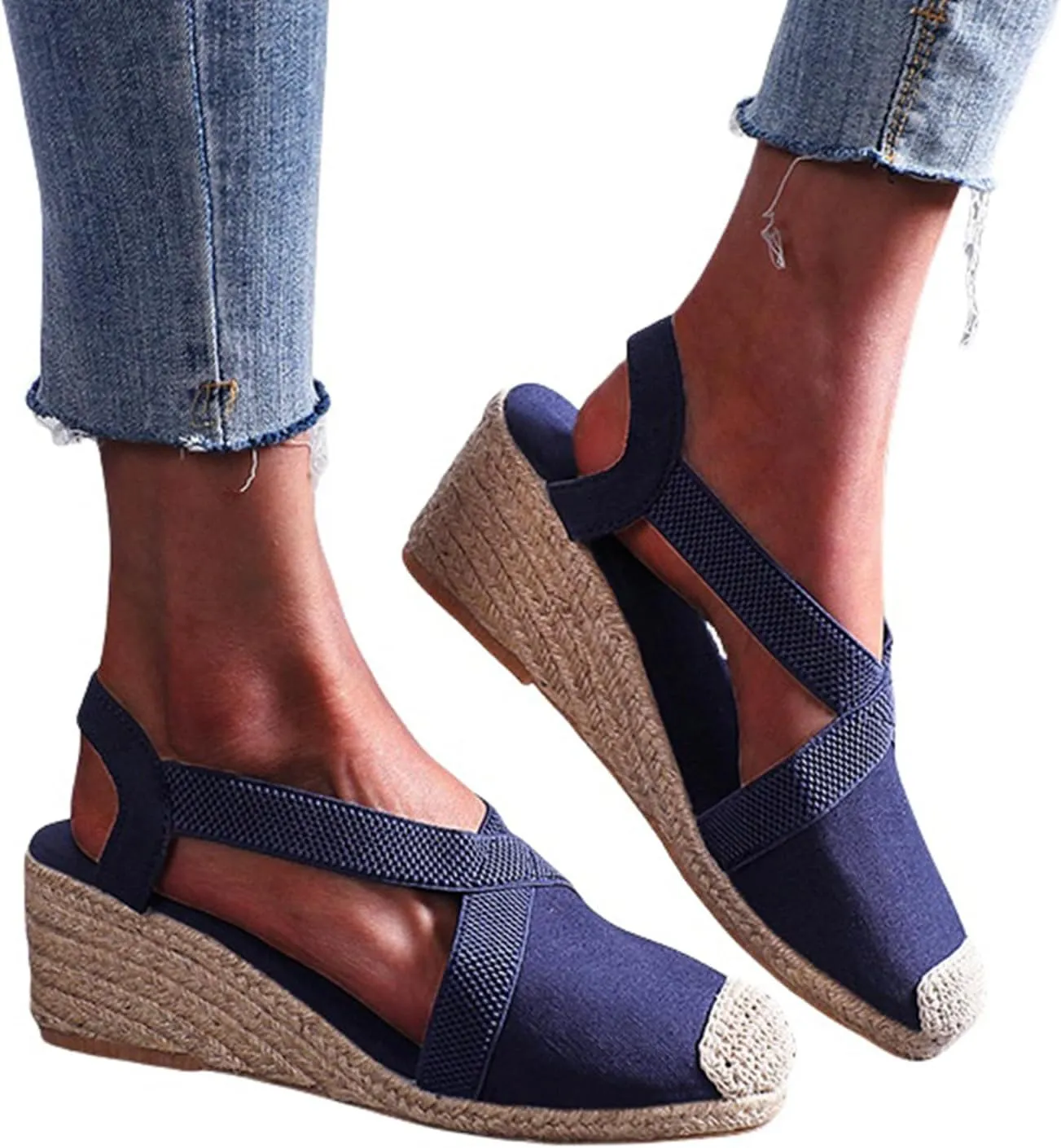 Espadrilles Wedges for Women Summer Platform Wedge Sandals, Fashion Closed Toe Cross Ankle Strap Sandals Casual Platform Slip On Slingback Beach Work Walking Shoes