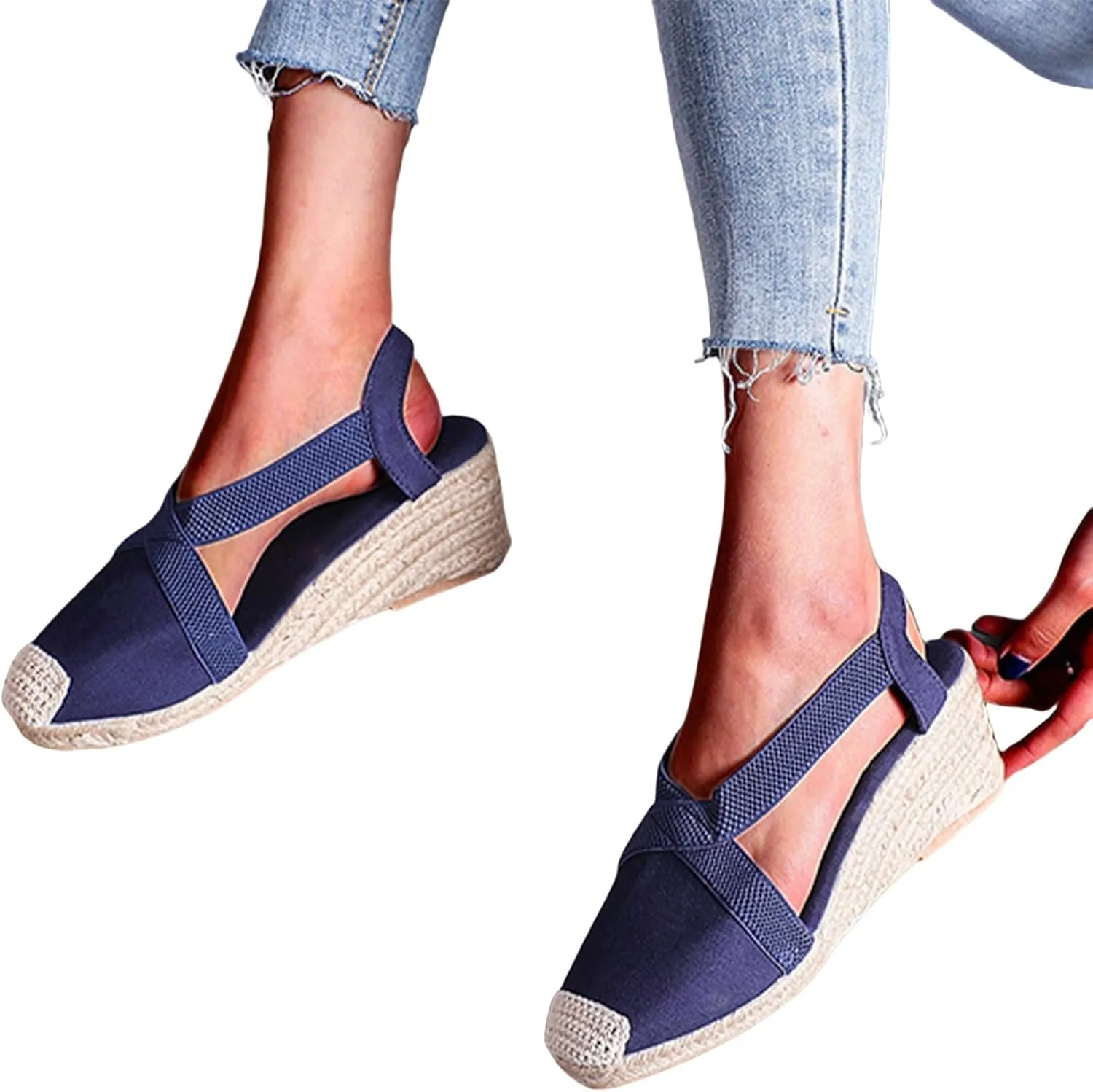 Espadrilles Wedges for Women Summer Platform Wedge Sandals, Fashion Closed Toe Cross Ankle Strap Sandals Casual Platform Slip On Slingback Beach Work Walking Shoes