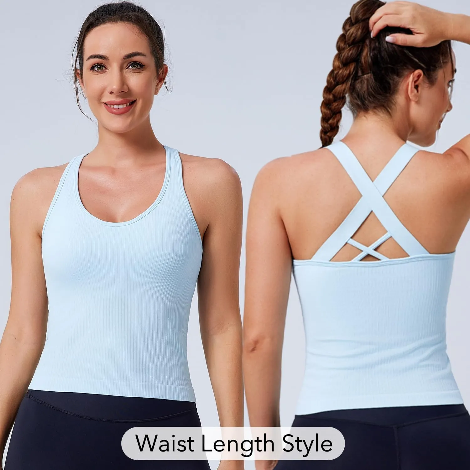 Evercute Workout Yoga Crop Tank Tops for Women 1/2/3 Pack Criss Cross Strappy Tops with Built in Bra Ribbed Seamless Tanks
