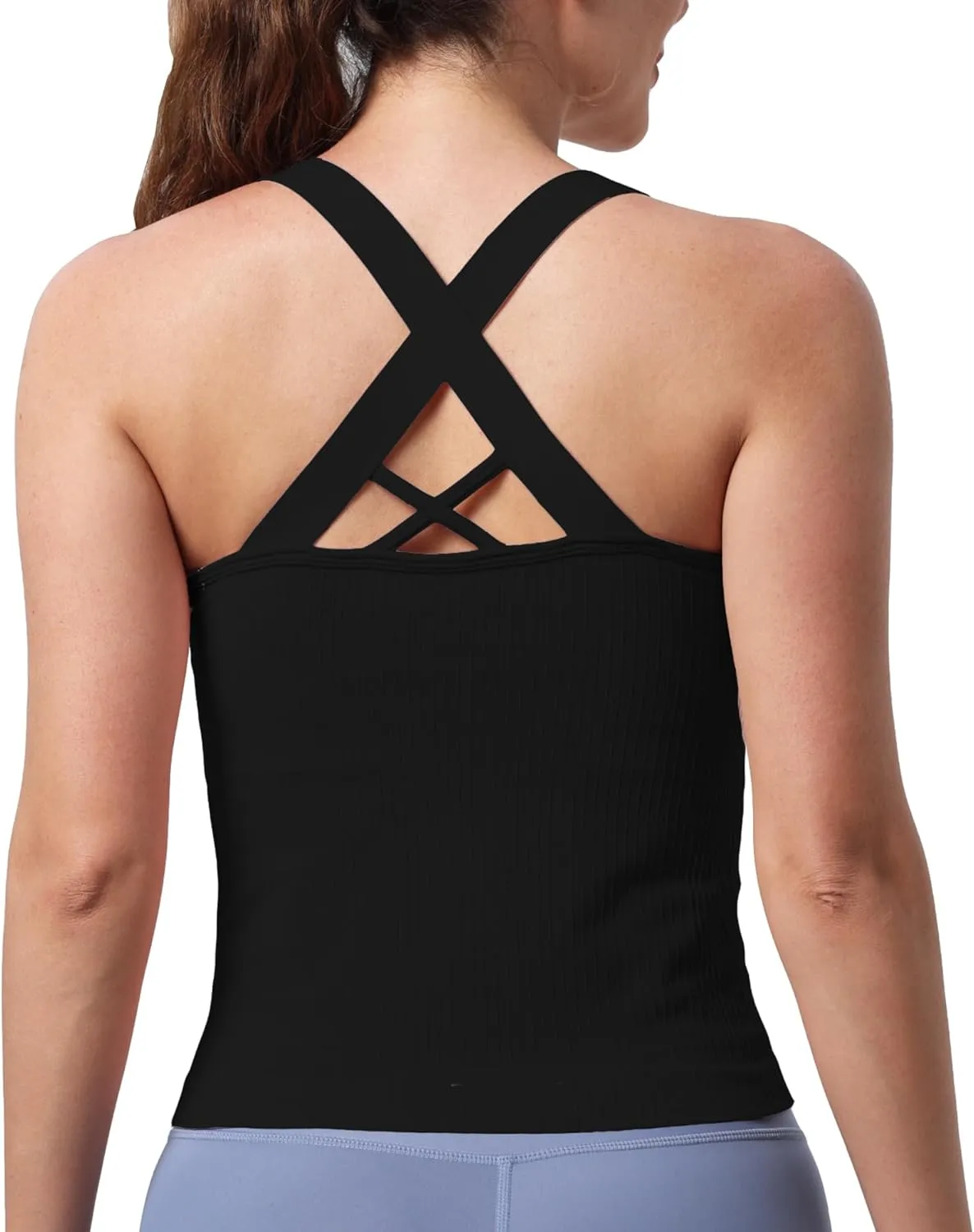 Evercute Workout Yoga Crop Tank Tops for Women 1/2/3 Pack Criss Cross Strappy Tops with Built in Bra Ribbed Seamless Tanks
