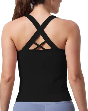 Evercute Workout Yoga Crop Tank Tops for Women 1/2/3 Pack Criss Cross Strappy Tops with Built in Bra Ribbed Seamless Tanks